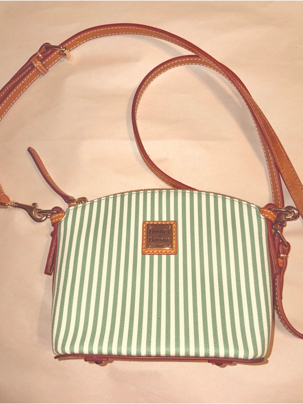 Dooney & Bourke Green and White Striped Crossbody with Tan Trim